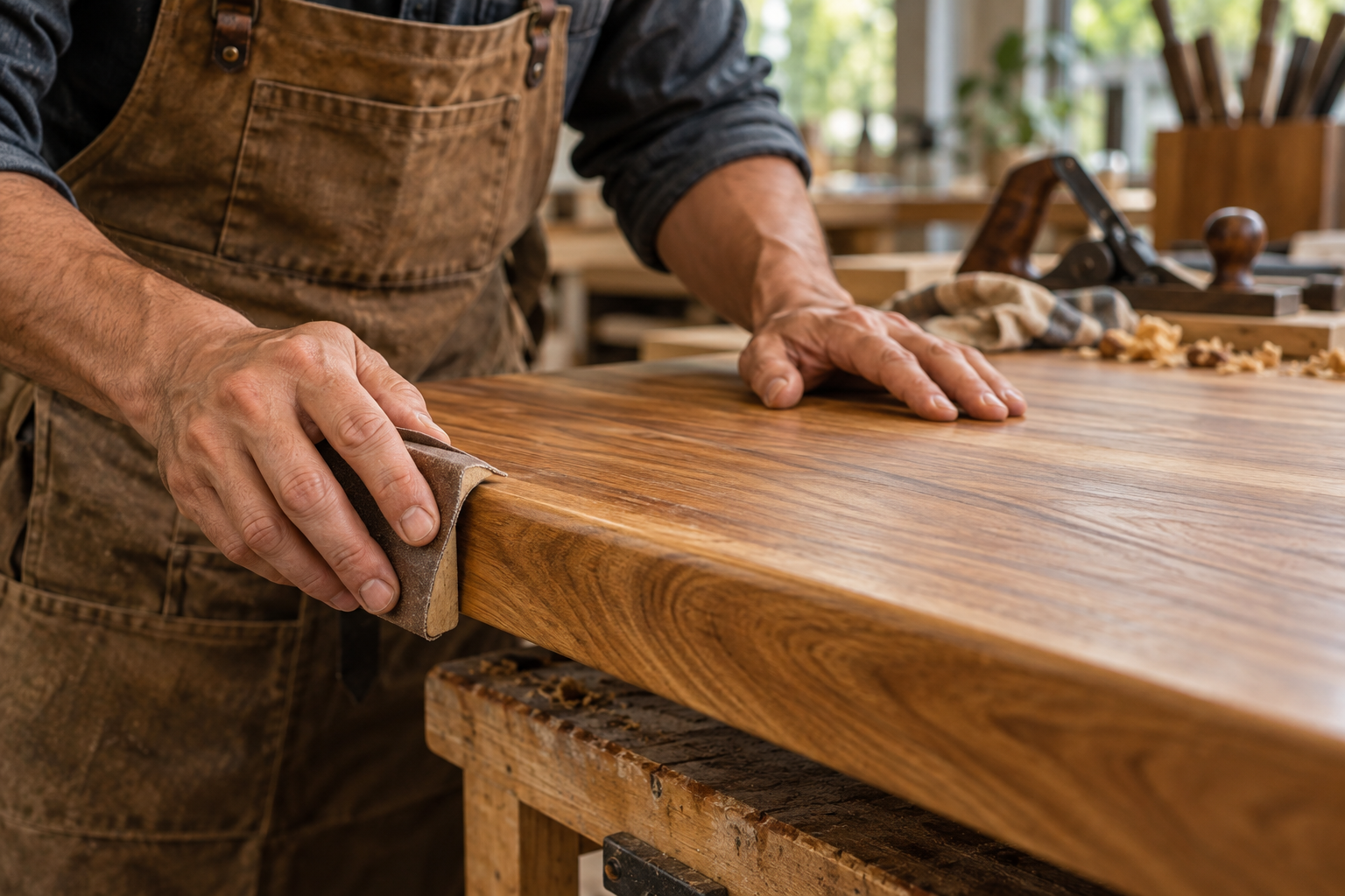Detail proses penghalusan meja kayu