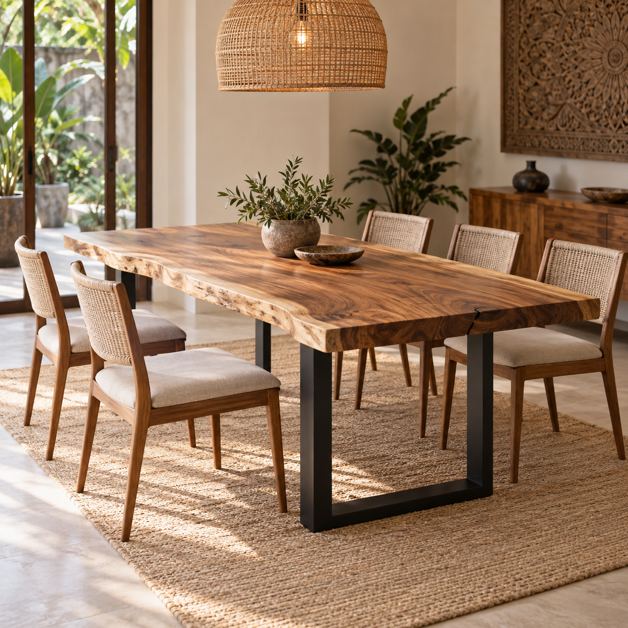 Contoh meja makan kayu custom bergaya live edge